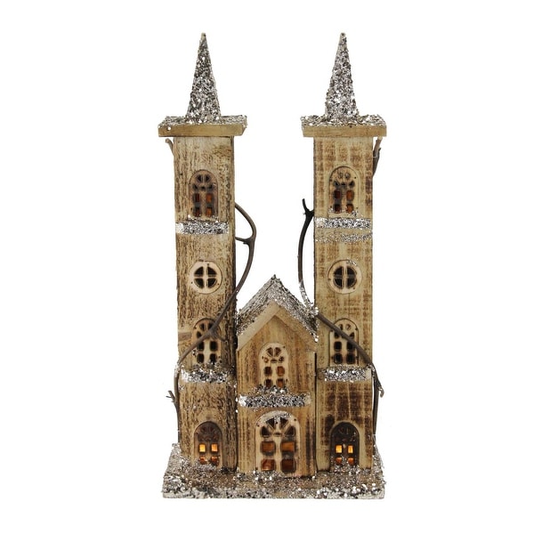 15.75" LED Lighted Double Tower Brown Wooden Church Christmas